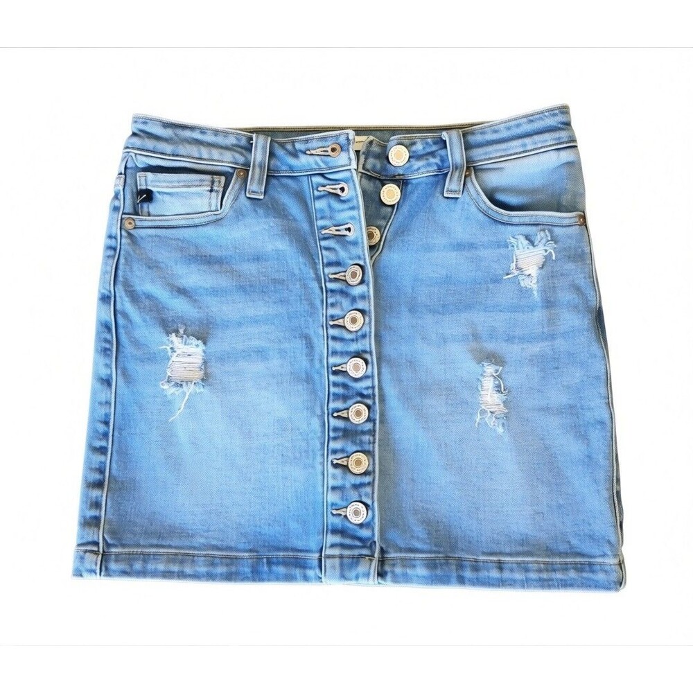 Kancan Denim Mini Skirt Size S/M Size 26 Distressed Light Wash Button Front